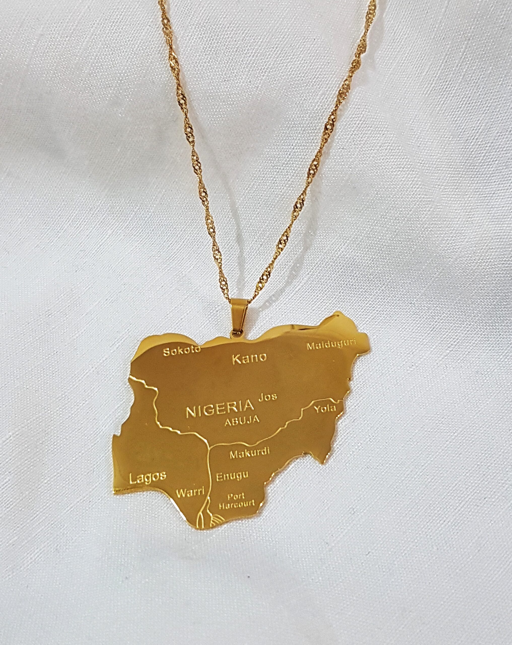Nigeria Country Map Gold Pendant Necklace Kunashe Jewellery